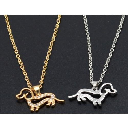Cute Little Puppy Dog Pendant Necklace Gold Silver Color Crystal Dachshund Choker Collar Chain Necklace Woman Girl Jewelry Gift