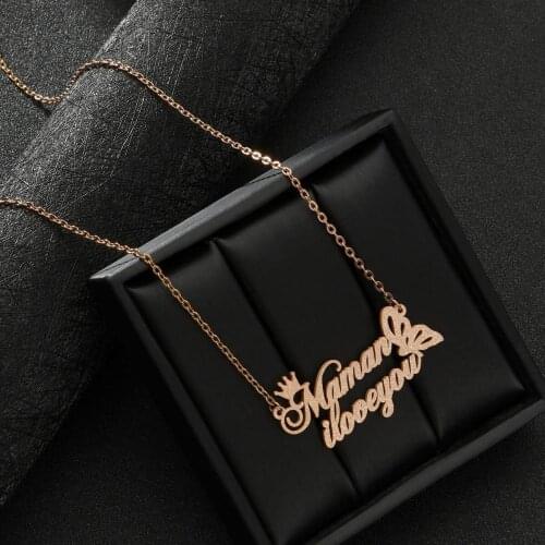 Personalized Crown Double Name Necklaces Stainless Steel Frosted Butterfly Couple Choker Pendants For Girl Women Jewelry Gifts