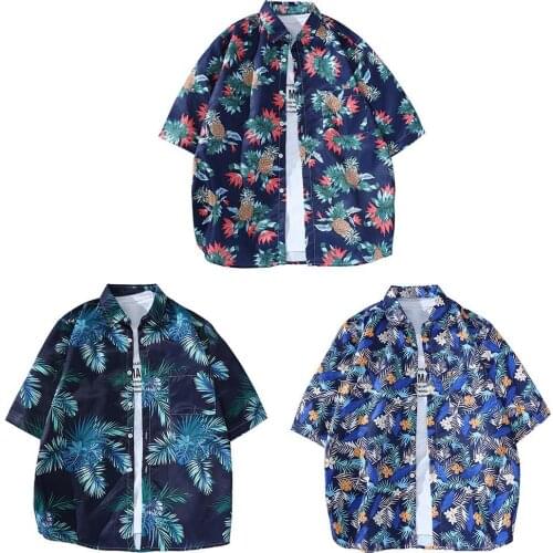 Casual Men Half Sleeve Pineapple Floral Leaf Print Beach Shirt Loose T-shirt Top