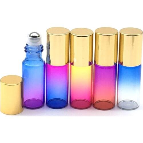 Empty 5cc Gradient Colorful Roll-On Bottle 5ml Essential Oil Perfume Sample Glass Roller Bottle Gold Cap100pcs