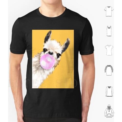 Bubble Gum Sneaky Llama In Mustard Yellow T Shirt Diy Big Size 100% Cotton Llama Cute Adorable Memes Chewing Gum Bubble Pink
