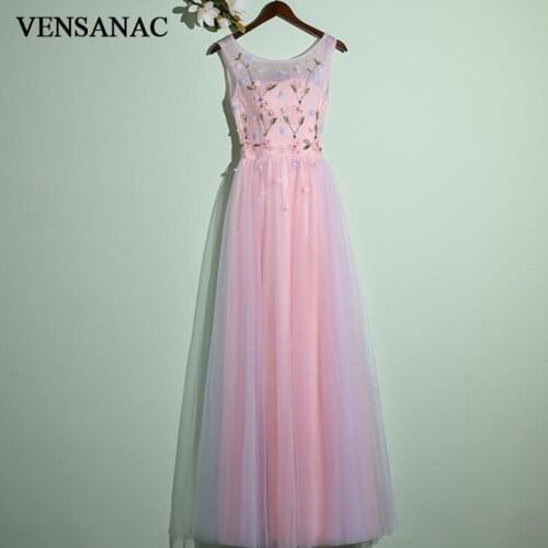 VENSANAC O Neck Flowers 2018 Open Back A Line Tulle Long Evening Dresses Elegant Party Lace Appliques Prom Gowns