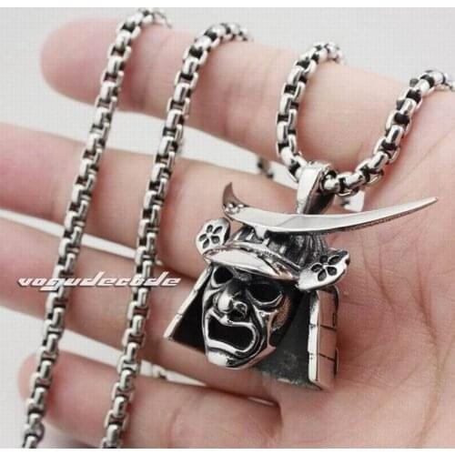 316L Stainless Steel Japanese Samurai Armor Face Mark Pendant Mens Biker Rocker Punk Style 4P013 Steel Necklace 26inch