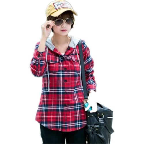 Women Casual Hooded Plaid Shirt Cotton Long Sleeved Tops ladies Red Green Gray Cap Checkered Blouse Plaid Shirt Women