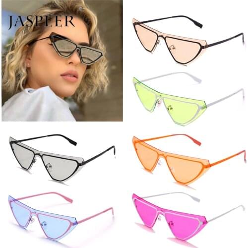 JASPEER Steampunk Cat Eye Sunglasses Women Punk Rimless Sun Glasses UV400 Candy Color Blue Green Goggle Shades Fashion Accessory