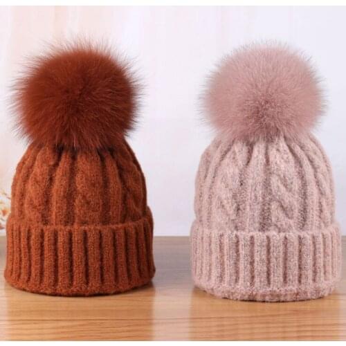 Women Cable Twist Pattern Knitted Beanies Real Fox Fur Pom poms Skullies Girl Lady Warm Wool Cap Rabbit Fur Bone Gorros
