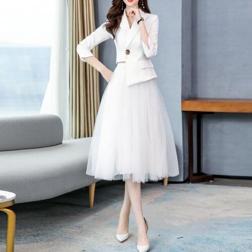 2021 New Spring Summer Casual Women Suits Office Sets Suit Women Blazer And Mesh Mid Skirts Suits For Women Blazer Set
