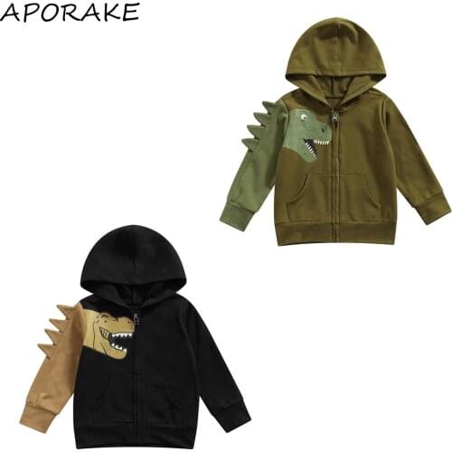 2021 1-6Y Spring Fall Kids Baby Boy Coats Cartoon Dinosaur Long Sleeve Zipper Fly Hooded Jacket Casual Children Outwear