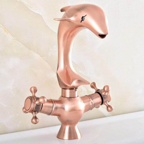 Antique Red Copper Brass Basin Faucets Dolphin Faucet Bathroom Vanity Sink Mixer Taps Deck Mounted