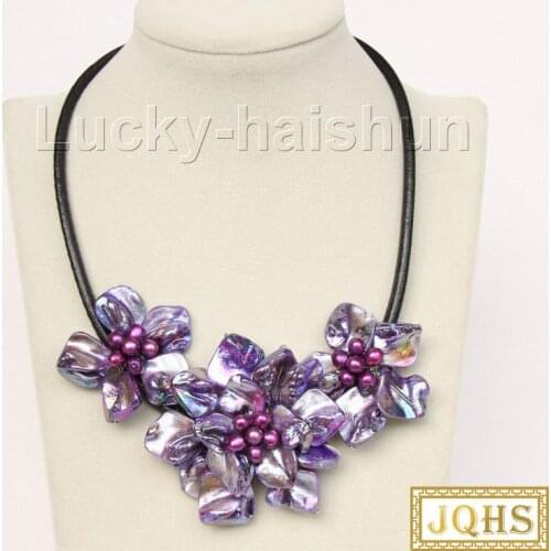 Baroque handcraft bloom purple seashell freshwater pearls choker leather necklace j9823