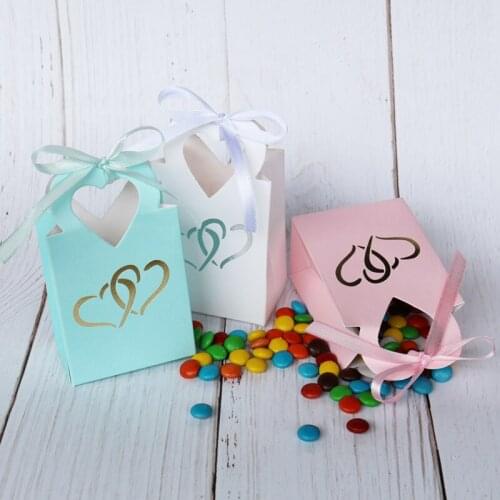 5pcs Mini Heart Paper Bag Hot Stamping Silver Heart Candy Cookie Bag Gift Box Bag Pink Blue Wedding Party Decoration With Ribbon