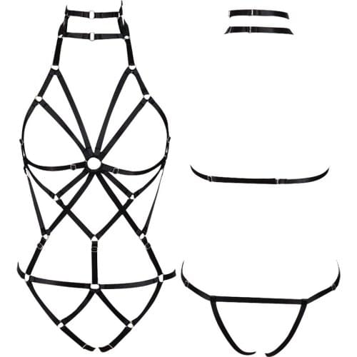 Black Harness Set Body Caged Bra Belt Waist Hip Strappy Garter Stockings Gothic Punk Festival Dance Lingerie Plus Size Elastic