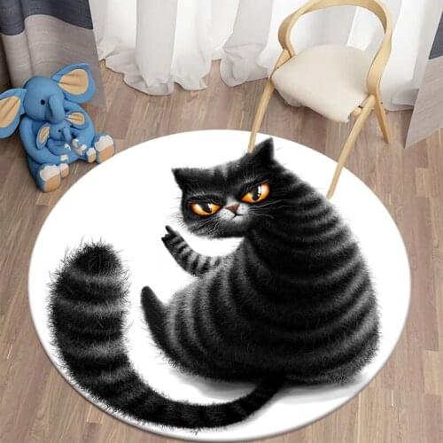 Black Cute Cat Round Carpet for Living Room Rugs Kids Carpet Floor Mat for Children Carpet for Childrens Room Cartoon Cat Rugs