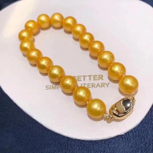 D910 Pearl Bracelet Fine Jewelry Round 9-10mm Fresh Water Golden Pearls Bracelets for Women Fine Presents