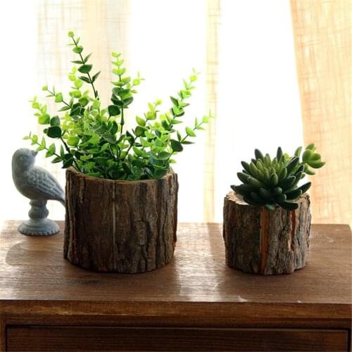 Wooden Plant Pot Vintage Round Table Decorative Style Wooden Flowerpot Fake Tree Bark Succulent Plants Creative Container