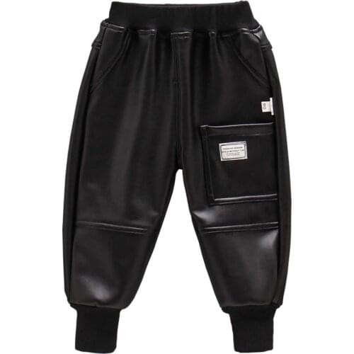 Children Casual Leather Pants Girls Winter Thick Boys Warm Pants Kids Long Trousers Baby Girls PU Pants