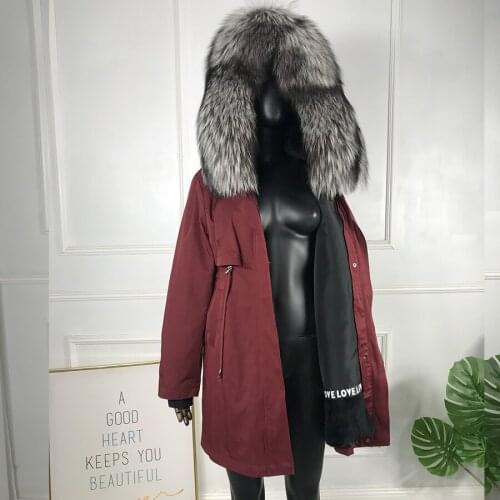 2019 real fox sliver fox fur long parkas fox fur large big collar Rabbit fur liner thick warm winter fashion new real fur coat