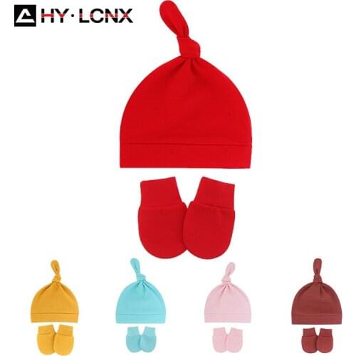 Autumn Spring Baby Hat Gloves Set Infants Anti Scratching Bonnet Cotton Top Knot Hats Cover Suit Newborn Mittens Beanies Cap