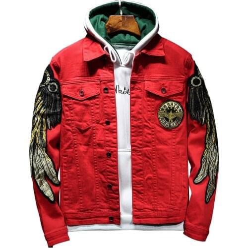 High Street Men Denim Jacket black Red Outerwear Gold wings Embroidered Patch cloth Designs Casual male Jackets