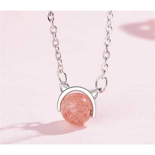 Hot sale simple temperament all-match cute cat pink crystal short female silver plated necklaces SE092