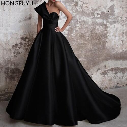 HONGFUYU Vestidos De Gala Satin Evening Dresses Long 2021 Black Formal Prom Dress One Shoulder Ball Gown Abiye Gece Elbisesi