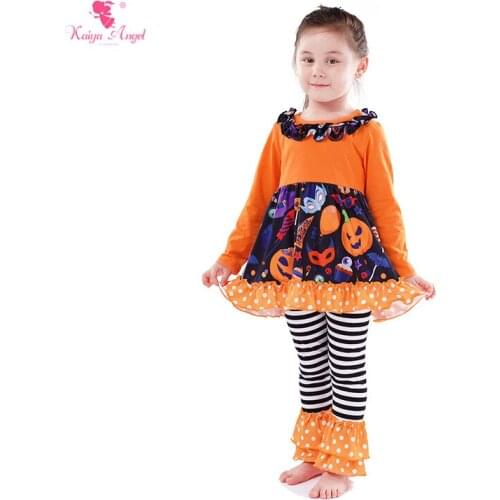 Kaiya Angel 2018 Fashion Halloween Back To School Outfits Orange Print Tops & Black And White Stripe Trousers Baby Girls Clothes
