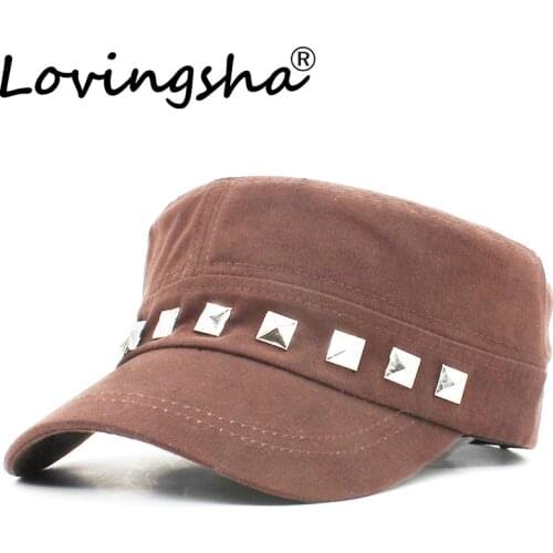 Classic Vintage Women Military Hat Men Fashion Summer Autumn High Quality Warm Rivet Adjustable Flat Top Cap For Adult AD111