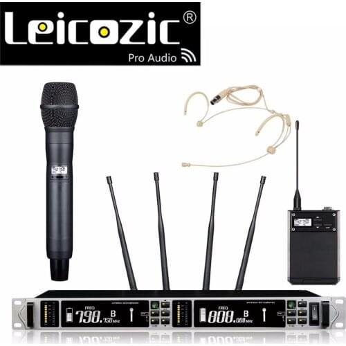 Leicozic 615-820Mhz Professional UHF wireless microphone headset+handheld microfone Wireless Mic System true diversity for stage