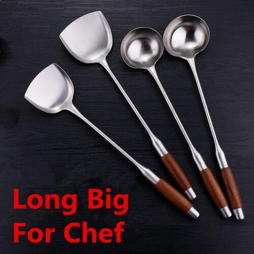 Long Handle Soup Ladle Spoon Turner Stainless Steel Rosewood Spatula Sauces Spoon Kitchen Cooking Utensils Tool wood wok spatula