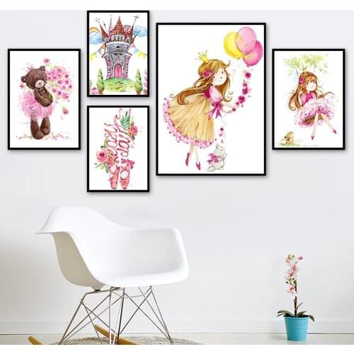 Cartoon Flower Balloon Bear Cat Girl Castle Nordic Posters And Prints Wall Art Canvas Painting Wall Pictures For Kids Room Decor