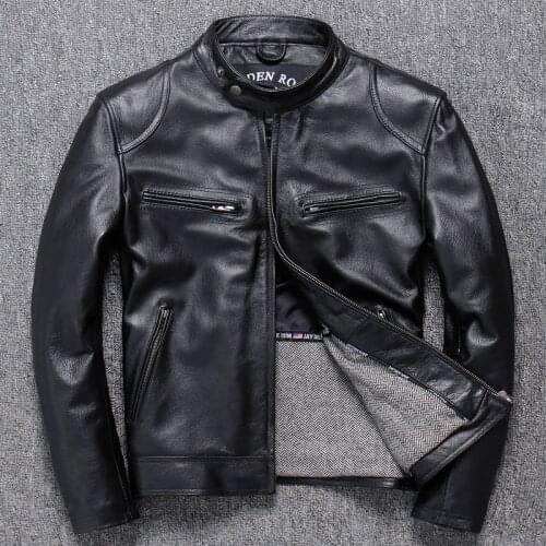 Genuine Leather Jacket Mens Short Stand-up Collar Cowhide Motorcycle Jacket Youth Fashion Sheepskin Jacket