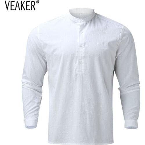 2021 Autumn New Mens Cotton Linen shirts Long Sleeve Slim Fit White Breathable Linen shirt Tops S-2XL