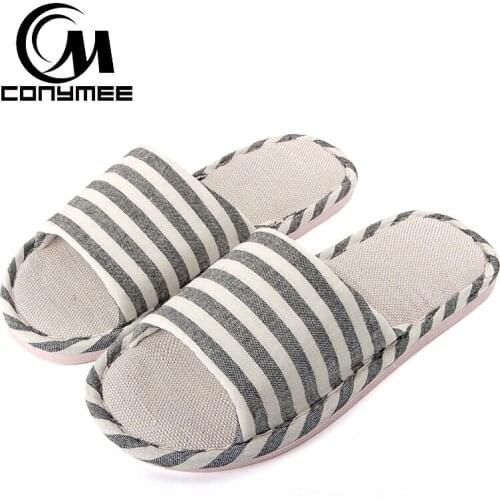 CONYMEE Summer 2018 Flax Slippers Casual Shoes Men Striped Linen Sandals Beach Flip Flops Big Size Tenis Masculino Sneakers Male