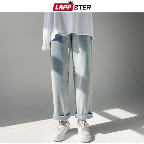 LAPPSTER Men Vintage Baggy Harajuku Denim Joggers 2021 Mens Japanese Streetwear Vintage Causal Jeans Pants Male Kpop Y2k Jeans