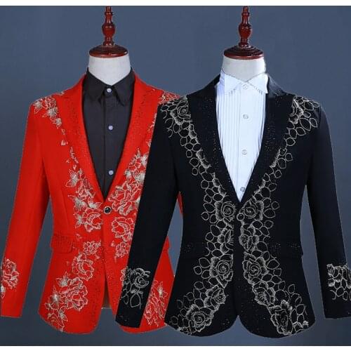Men Crystals Embroidery Blazers Suit Jackets Formal Stage Clothing Male Singer Host Costume Wedding Performance Coat DT1476