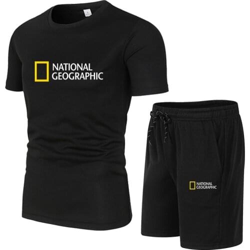 New National Geographic Indication Color Printing Mens Sportswear Two-piece Workout Suit Short Sleeve T-shirt + Shorts