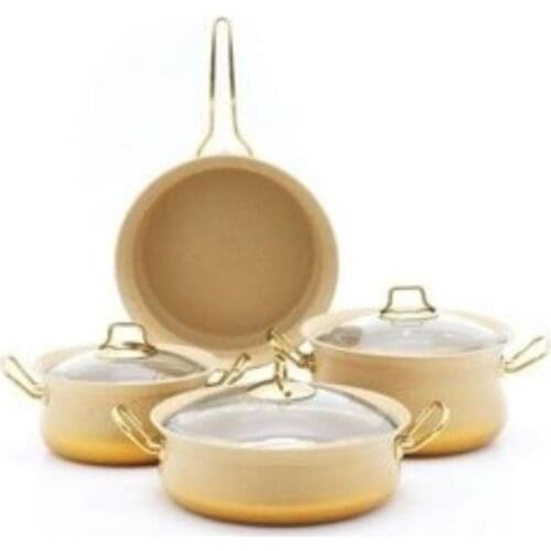 7 PCS Biogranit Yellow creamy golden handle non stick stylish cookware set