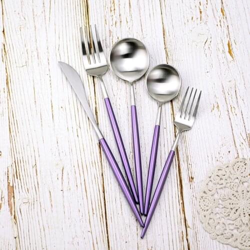 Korean Cutlery Set 24pcs 18/8 Stainless Steel Dining Knives Forks Tablespoons Purple Dinnerware Tableware Dinner Set for Wedding
