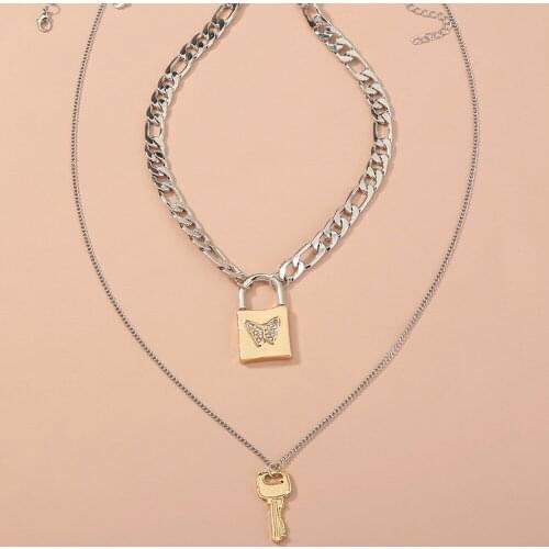 New Punk Crystal Butterfly Lock Chokers Necklaces for Women Vintage Metal Key Pendant Necklace Gothic Jewelry Chain Bijoux 2021