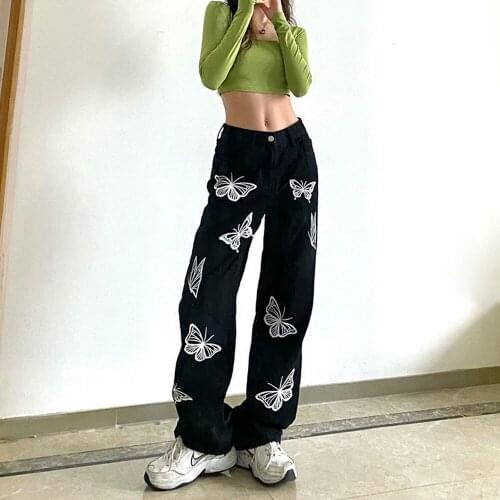 Butterfly Print High Waist Jeans Casual Straight Pants for Women Outfits Female Fashion Stylish Trousers Streetwear 2021 New