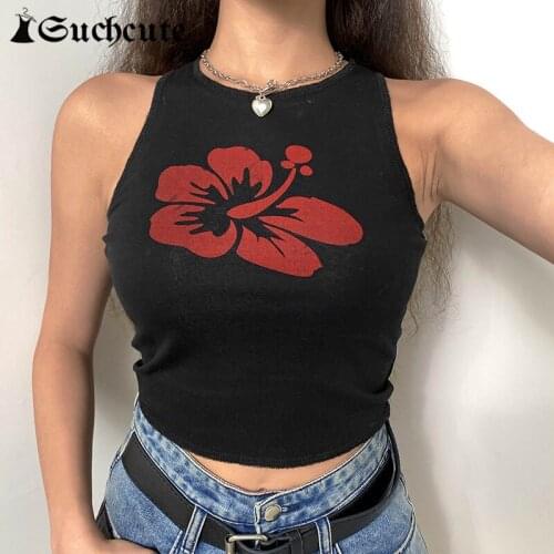 SUCHCUTE Floral y2k Tank Tops Women Summer Streetwear Sleeveless O-Neck Basic Vests Vinatge Harajuku 90s Skinny Crop Tops