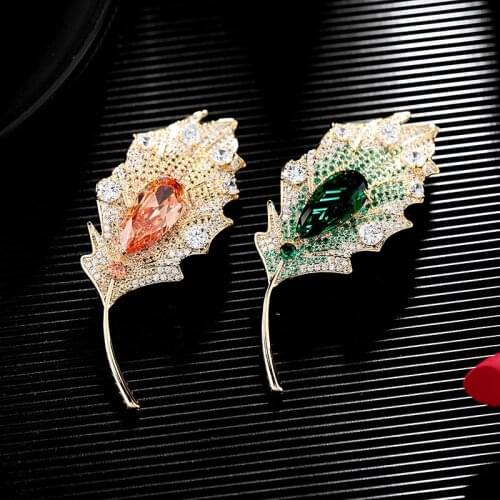 Fashion Luxury Sparkling Leaf Brooch With Stones High Quality Womens Brooches Pins Jewelry For Clothing Accessories