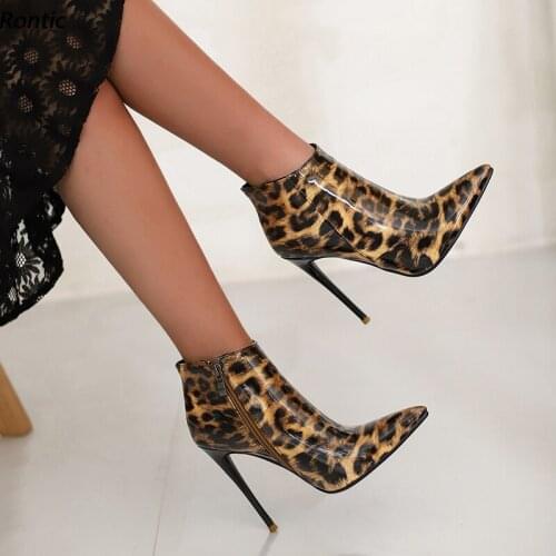 Rontic Women Winter Ankle Boots Sexy Stiletto Heels Side Zipper Pointed Toe Gorgeous Leopard Party Dress Shoes US Size 5-15