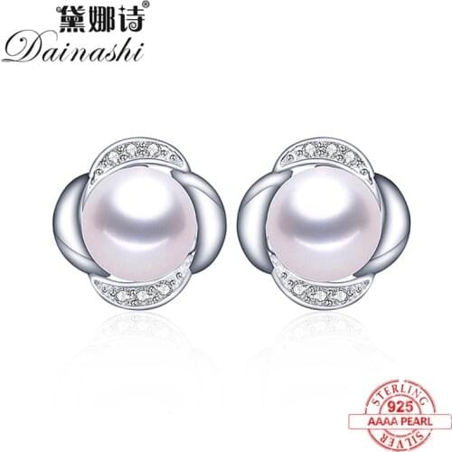 Clearance Sale !! Fashion Black White Natural Freshwater Pearl Stud Earrings For Women Flower Zircon Jewelry Silver 925 With Box