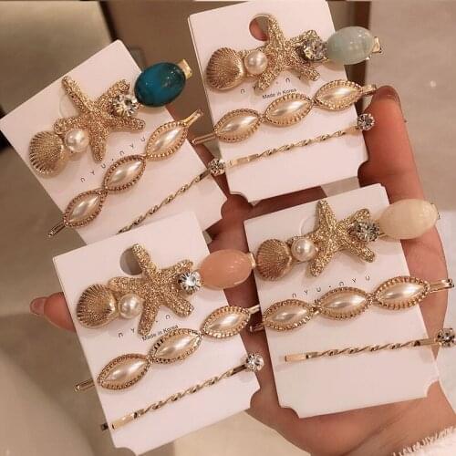 2019 New Trendy Vintage Gold Color Starfish Shell Hair Clips For Women Fashion Jewelry Oval Resin Imitation Pearl Hairpins