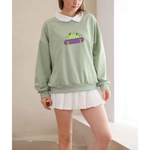 Collar Top Cute Frog Pullover Sweatshirt Graphic Hoodies Aesthetic Kawaii Clothes Harajuku Green Cotton Sweatshirt Women 2021