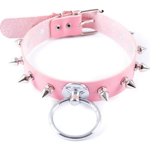 2021 New Pink Goth PU Leather Choker Necklace For Women Punk Round Hollow Rivet Spike Necklaces Festival Party Men Jewelry