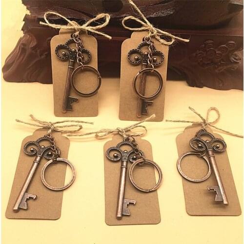 100pcs/lot Chinese Retro Style Zinc Alloy Beer Key Shape Bottle Opener Bottle Corkscrew Keychain keyring Gift Card Hemp Packaged