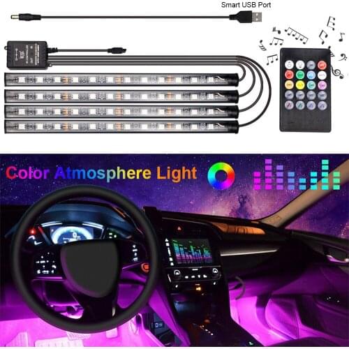 4pcs 48 LED DC 5V Multicolor Music Car Interior Light LED Under Dash Lighting Kit with Sound Active Function Wireless Remote