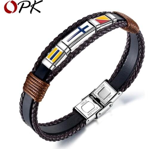 European And American Amazon Source Of Goods Retro Hand Woven Cross Mens Leather Bracelet Titanium Steel Flag